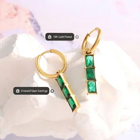 Hoop Dangle Earrings Emerald Green Rectangular Glass Stones 18K Gold Plated Titanium Steel Vintage Elegant Jewelry Women