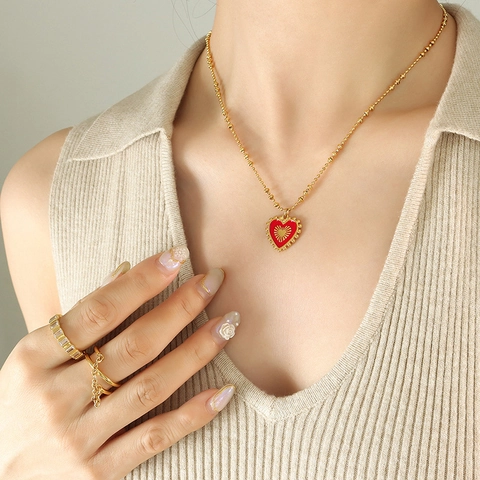 Double Sided Heart Pendant Necklace Titanium Steel Enamel Oil Drop Sunburst Pattern Elegant Jewelry For Women