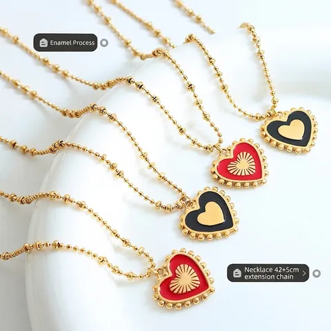 Double Sided Heart Pendant Necklace Titanium Steel Enamel Oil Drop Sunburst Pattern Elegant Jewelry For Women
