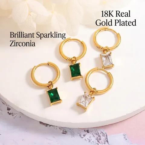 Rechthoekige Zirkoon Hanger Hoop Oorbellen Titanium Staal 18K Verguld Elegant Minimalistisch Retro Commuter Sieraden Voor Dames