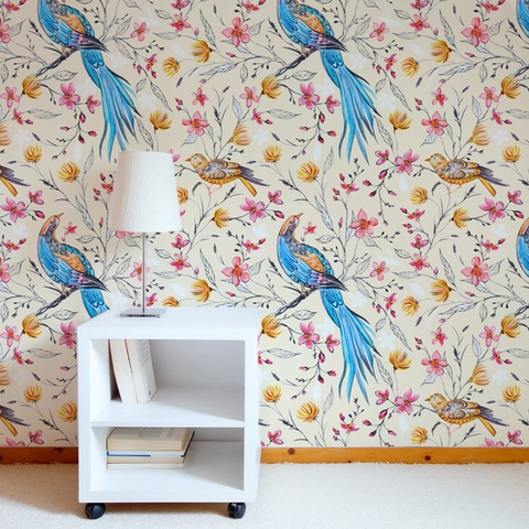 Carta Da Parati Con Fiori E Uccelli Adesiva Adesivi Murali Senza PVC Attivata Dall'acqua Stile Vintage