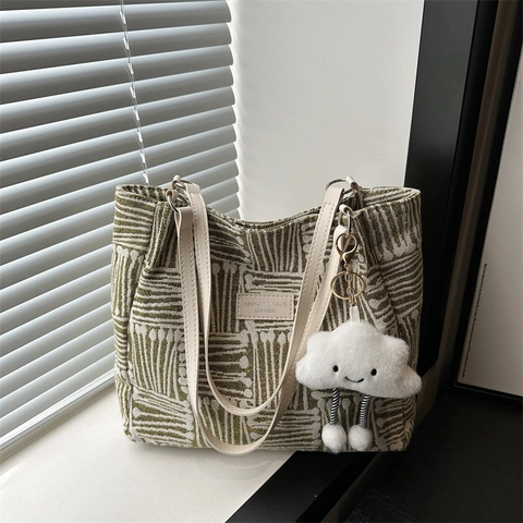 Borsa Tote da Donna in Tela e Pelle PU con Motivo a Strisce Geometriche Grande Capacità Borsa a Spalla con Ciondolo a Nuvola di Peluche