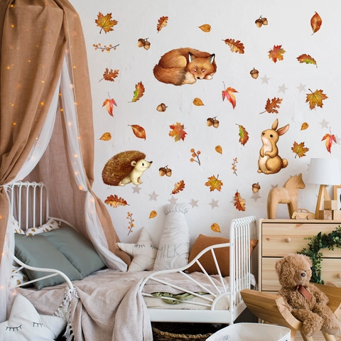 Aquarell PVC Waldtier Wandaufkleber Herbst Fuchs Igel Hase Ahornblatt Eichel Aufkleber Für Kinderzimmer Deko