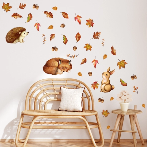 Aquarell PVC Waldtier Wandaufkleber Herbst Fuchs Igel Hase Ahornblatt Eichel Aufkleber Für Kinderzimmer Deko