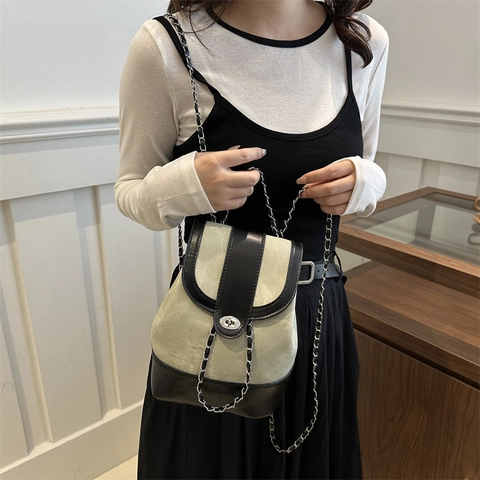 Mini Zaino Borsa Mano Pelle PU Patchwork Tracolla Catena Chiusura Girevole Vintage Urbano Moda Donne