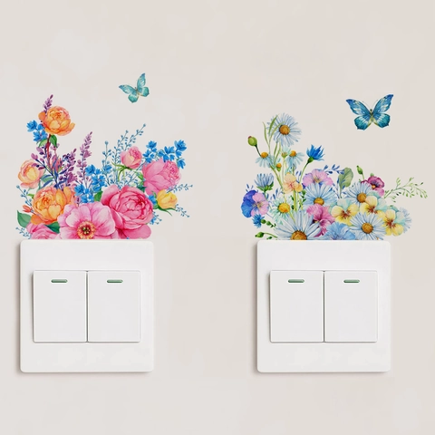 Creative Watercolor Flower And Butterfly Wall Sticker For Switch Decoration PVC Removable Home Decor Mural Decal