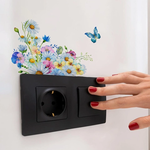 Creative Watercolor Flower And Butterfly Wall Sticker For Switch Decoration PVC Removable Home Decor Mural Decal