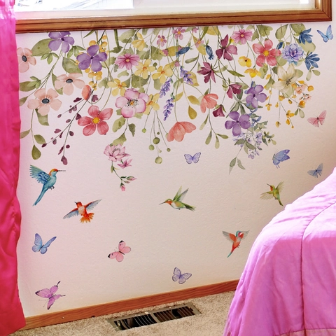 Watercolor Flower Hummingbird Butterfly Wall Stickers Removable PVC Hand Painted Floral Wall Decals For Bedroom Living Room Decor