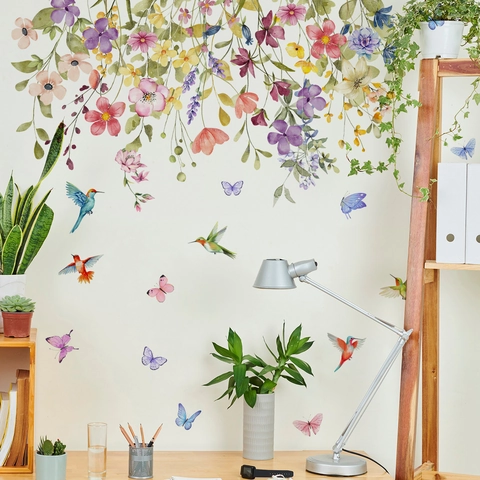 Watercolor Flower Hummingbird Butterfly Wall Stickers Removable PVC Hand Painted Floral Wall Decals For Bedroom Living Room Decor