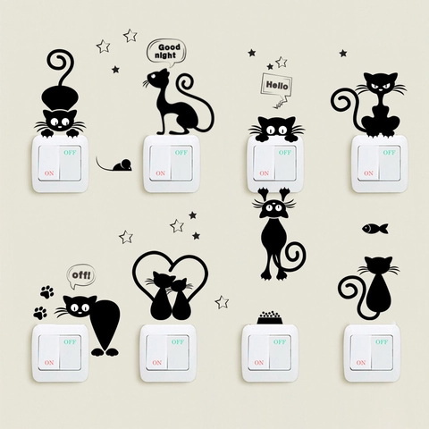 DIY Black Cartoon Cat Wall Stickers Removable PVC Switch Stickers Cat Silhouette Decals For Kids Room Bedroom Home Decor