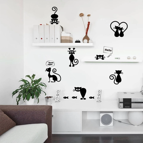 DIY Black Cartoon Cat Wall Stickers Removable PVC Switch Stickers Cat Silhouette Decals For Kids Room Bedroom Home Decor