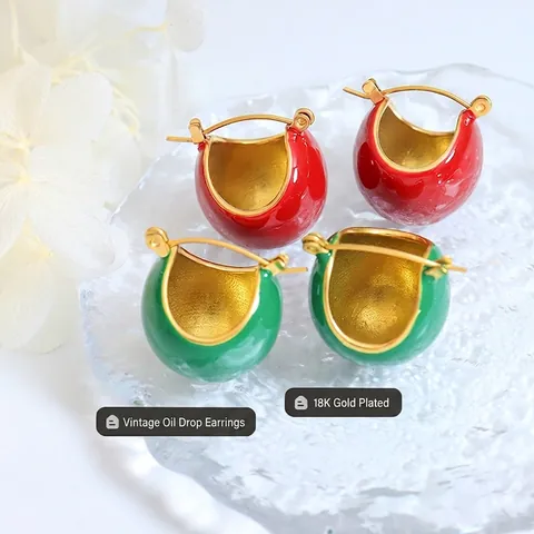 Vintage Chunky Enamel Hoop Earrings For Women Titanium Steel 18K Gold Plated Glossy Colorful Fashion Ear Buckle