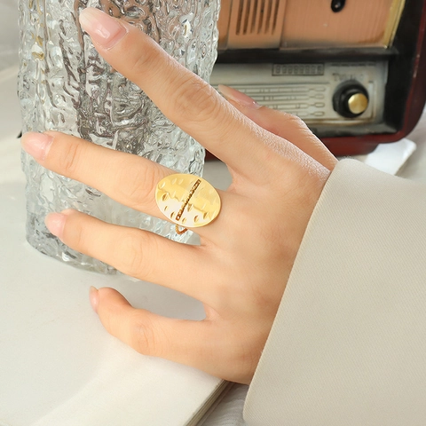 Ovaler Geometrischer Textur Ring Titanstahl Verstellbar Offen Retro Minimalistischer Stil Für Frauen