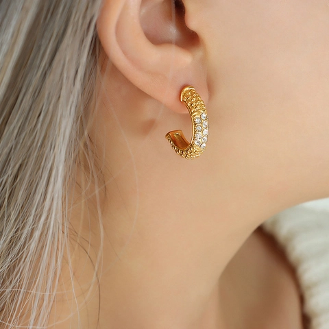 C-Shaped Hoop Earrings Titanium Steel With 18K Gold Plated Multiple Zircon Inlay Vintage Fashion For Women