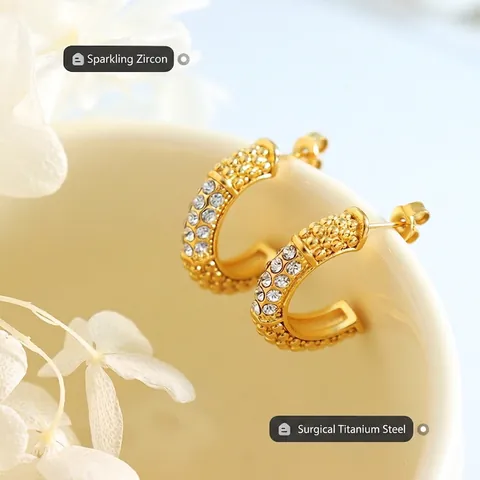 C-Shaped Hoop Earrings Titanium Steel With 18K Gold Plated Multiple Zircon Inlay Vintage Fashion For Women