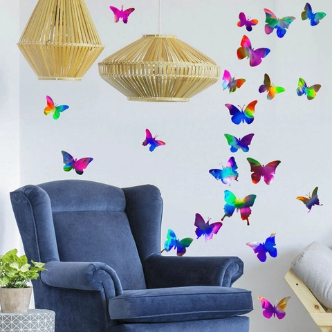 Holographic Butterfly Wall Stickers 3D Laser Iridescent PVC Decorative Decals For Bedroom Bathroom Modern Home Decor