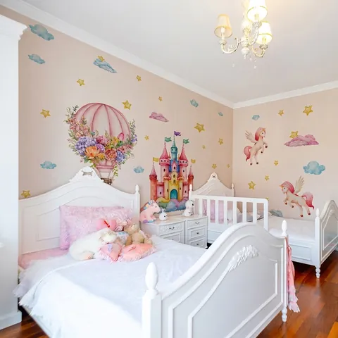 Stickers Muraux Dessin Animé Aquarelle Château Licorne Montgolfière PVC Amovible Autocollant Décoration Chambre Enfant