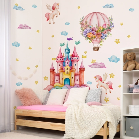 Stickers Muraux Dessin Animé Aquarelle Château Licorne Montgolfière PVC Amovible Autocollant Décoration Chambre Enfant