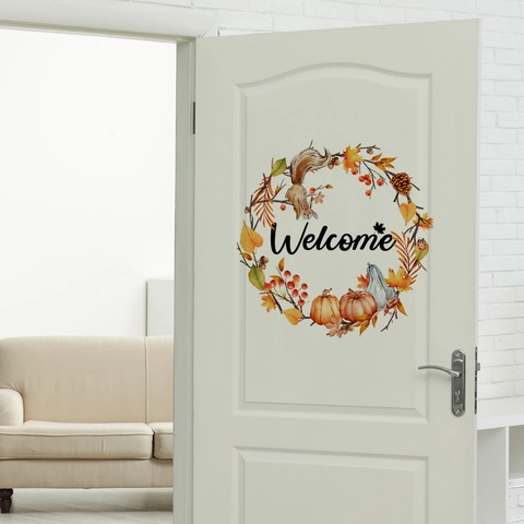 Autumn Wreath Welcome Door Sticker PVC Squirrel Pumpkin Maple Leaf Wall Decal Decorative Warm Home Art For Bedroom Entryway