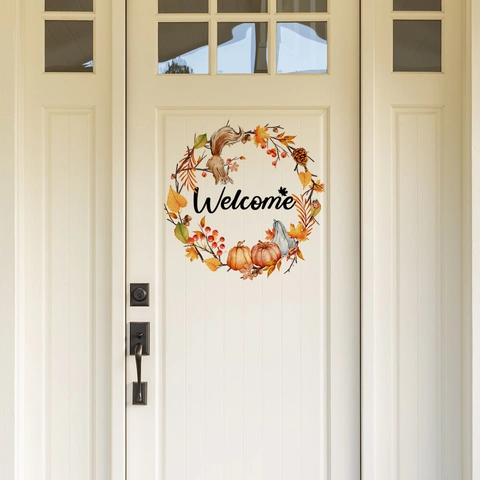 Autumn Wreath Welcome Door Sticker PVC Squirrel Pumpkin Maple Leaf Wall Decal Decorative Warm Home Art For Bedroom Entryway