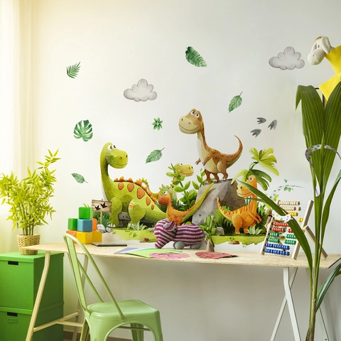 Cartoon Dinosaurier Wandaufkleber PVC Wasserdichte Aufkleber Für Kinderzimmer Kindergarten Deko Aquarell Dschungel