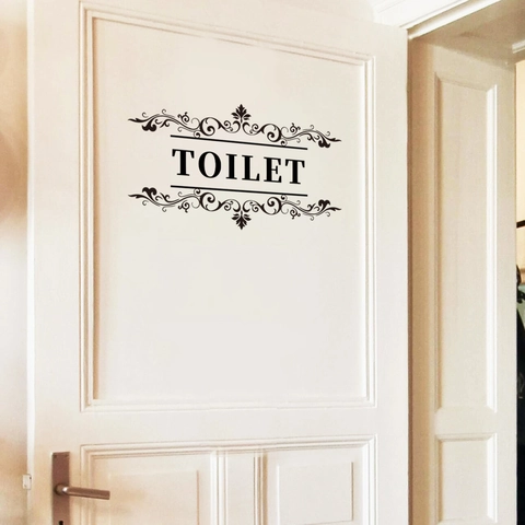 Sticker de Porte Signe de Toilette avec Rinceaux Floraux Imperméable en PVC Décoration Murale Noir Signalisation