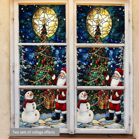 Pegatina Ventana Navidad Efecto Vidriera PVC Estática Papá Noel Muñeco De Nieve Decoración Festiva Hogar