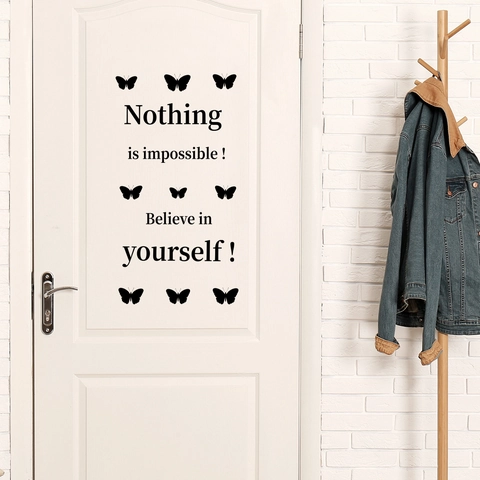 Sticker Mural Papillon Inspirant Avec Citation Nothing Is Impossible Believe In Yourself PVC Amovible DIY Décoration Salon