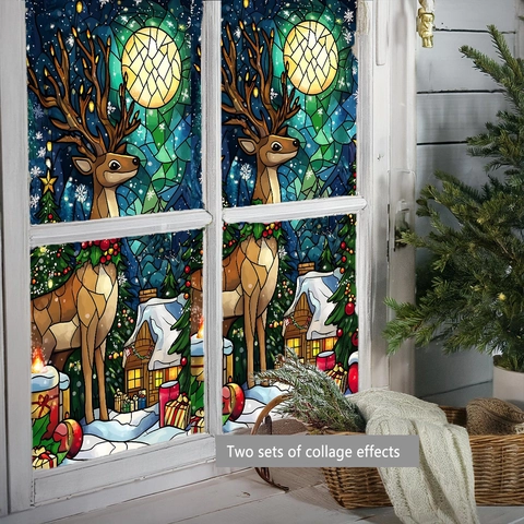 Weihnachten Buntglas Stil Fensteraufkleber Statische Haftung PVC Rentier Weihnachtsmann Schneemann Winter Feiertag Deko