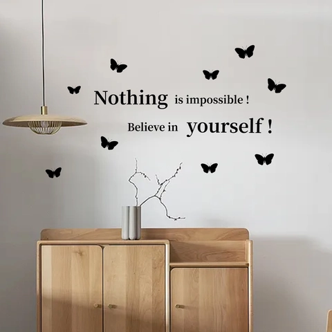 Sticker Mural Papillon Inspirant Avec Citation Nothing Is Impossible Believe In Yourself PVC Amovible DIY Décoration Salon
