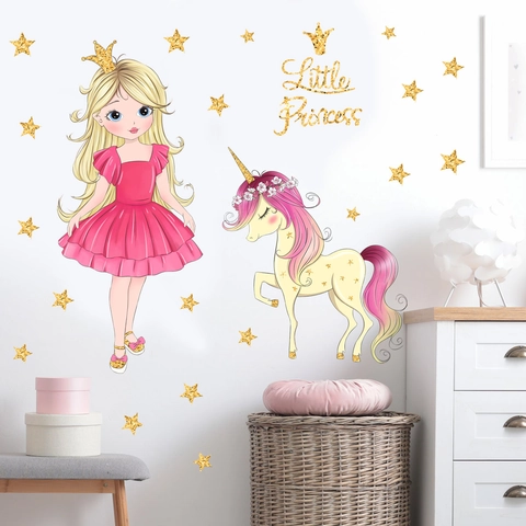 Pegatinas De Pared De Princesa Unicornio Con Estrellas Doradas Rosa Niña De Dibujos Animados Para Dormitorio Infantil