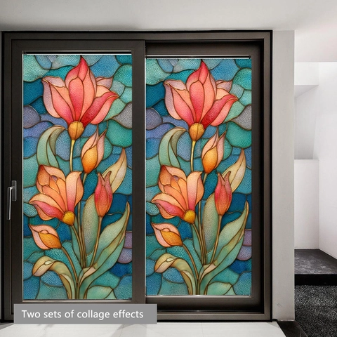 Glas-in-lood Stijl Vensterfolie PVC Decoratieve Privacy Statische Kleefsticker Voor Glas Roos Tulp Bloemenpatroon Decor