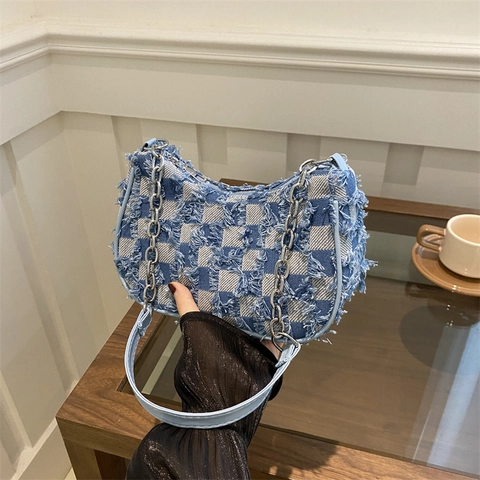 Borsa Sottobraccio In Denim Con Motivo A Stelle Scacchiera Frange Catena In Metallo Stile Retro Y2K Tracolla
