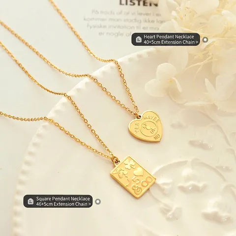Vintage Heart And Square Plate Pendant Necklace Stainless Steel Embossed Symbols Gold Plated Lucky Jewelry For Women French Style