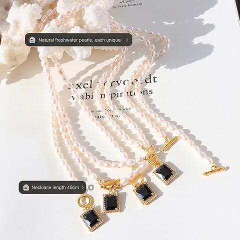 Collar De Perlas De Agua Dulce Colgante Rectangular De Circón Negro Chapado En Oro Acero De Titanio Cierre De Palanca Joyería