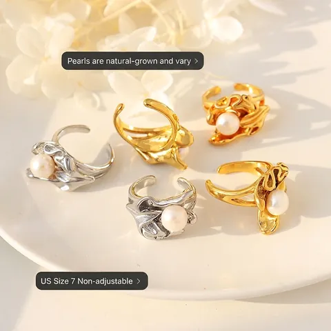 Irregular Lava Ring 18K Gold Plated Titanium Steel Freshwater Pearl Pleated Organic Shape French Vintage Style Women