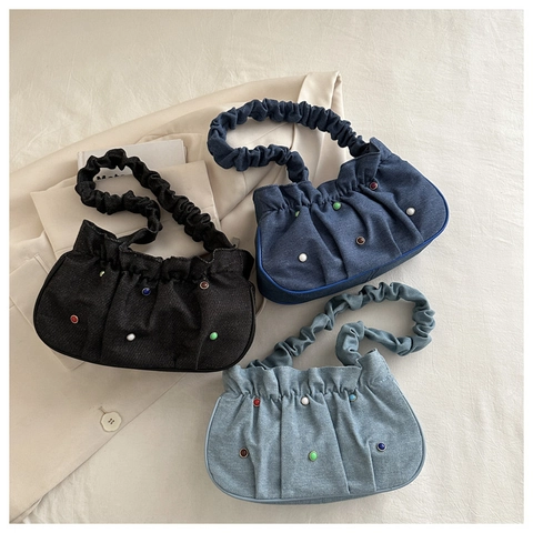 Women Retro Ruched Denim Shoulder Bag Colorful Beads Pleated Lucky Bucket Bag Casual Tote Handbag Streetwear Fashion Bag
