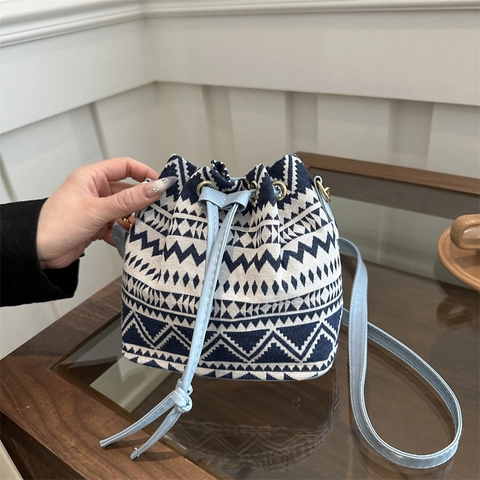 Damen Ethno-Stil Kordelzug Eimertasche Bohemian Leinwand Blumen Geometrischer Druck Umhängetasche Mit Verstellbarem Riemen