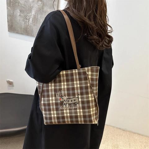 Borsa Tote Plaid Retrò da Donna in Tela Pelle PU Spaziosa Borsa a Tracolla Con Ricamo Cane Cartone Animato per Pendolarismo