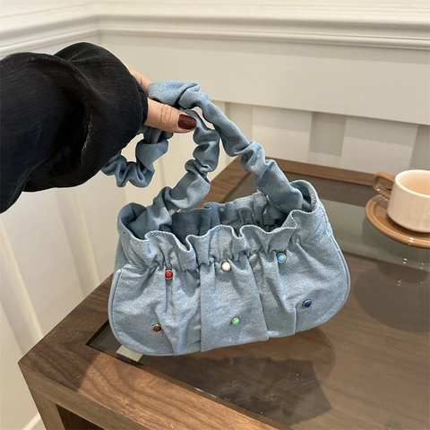 Damen Denim Geraffte Unterarmtasche Mode Bunte Strass Wolke Schultertasche Vintage Y2K Denim Handtasche Für Den Alltag