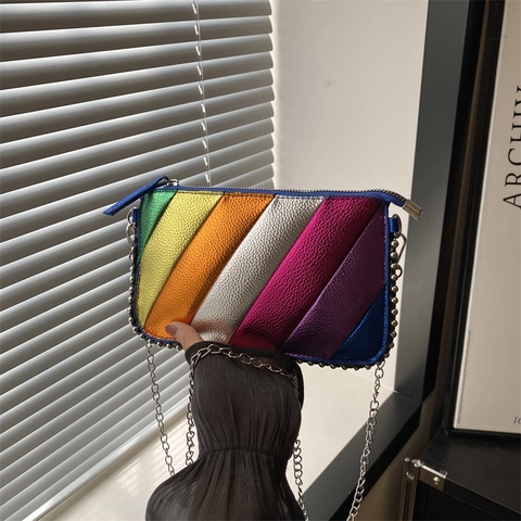 Rainbow Striped Crossbody Bag Metallic PU Leather Small Square Clutch With Metal Chain Rivet Detail For Women