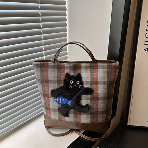 Borsa Tote A Quadri Da Donna Grande Capacità Tela PU Giunzione Cartone Animato Orso Cane Gatto Patch Borsa A Tracolla