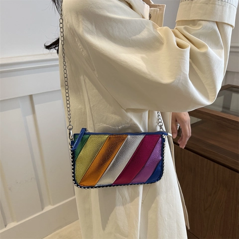 Rainbow Striped Metallic PU Leather Crossbody Bag With Silver Chain Strap And Rivet Detail Trendy Small Square Clutch