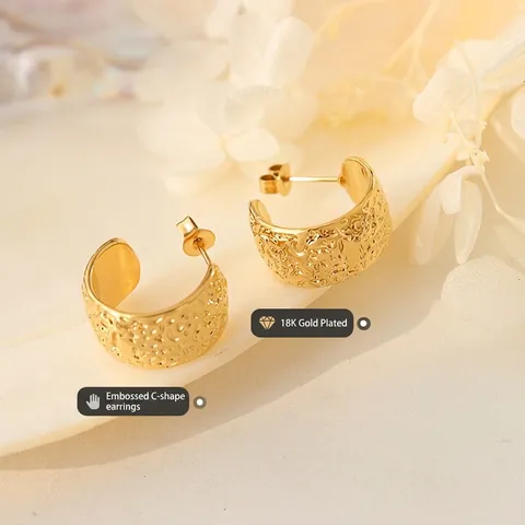 Pendientes De Aro En C Con Textura Martillada Acero De Titanio Geométrico Minimalista Chapado En Oro Para Mujeres