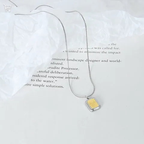 Smile Engraved Square Pendant Necklace Stainless Steel Gold Plated Minimalist Two Tone Fashion Jewelry For Women