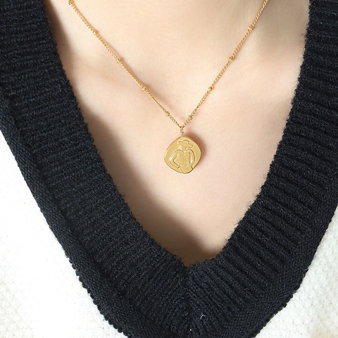 Portrait Pendant Necklace Titanium Steel 18K Gold Plated French Relief Abstract Character Square Medal Beaded Chain Jewelry