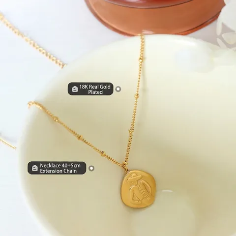 Portrait Pendant Necklace Titanium Steel 18K Gold Plated French Relief Abstract Character Square Medal Beaded Chain Jewelry