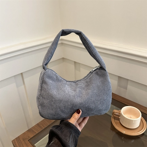 Bolso de Hombro Casual de Pana para Mujer Gran Capacidad Hobo Bandoulière Color Sólido Cremallera Bolso de Axila Vintage Diario