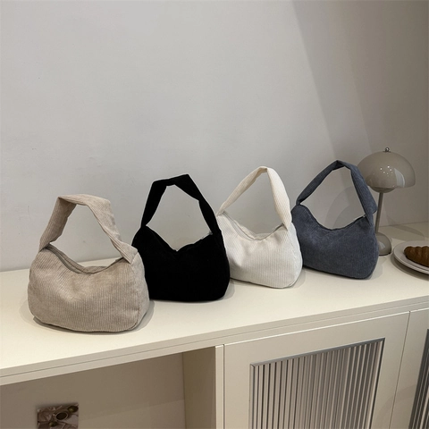 Fashion Corduroy Shoulder Bag For Women Large Capacity Solid Color Hobo Bag Autumn Winter Casual Underarm Bag Handbag