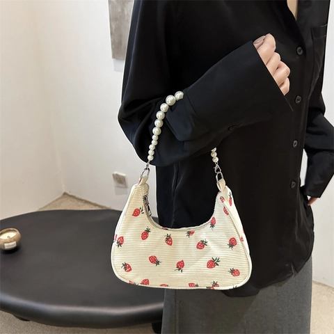Women Hobo Underarm Bag Corduroy Strawberry Print With Artificial Pearl Handle Zipper Closure Cute Sweet Casual Shoulder Bag